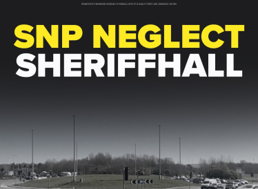 A photo of the Sheriffhall Roundabout with text that says 'SNP Neglect Sheriffhall'.